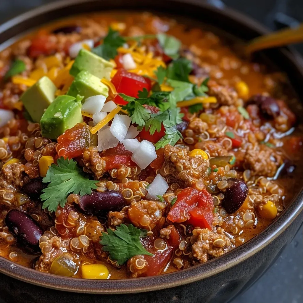 ['Close-up view of One Pot Quinoa Chili with Meat, showcasing its rich colors and textures.', 'Side view of a steaming bowl of One Pot Quinoa Chili with Meat, garnished with avocado and cilantro.', 'A delicious serving of quinoa chili with ground beef, beans, and corn, captured in bright lighting.', 'Detailed shot of One Pot Quinoa Chili with Meat, featuring fresh ingredients and vibrant toppings.']