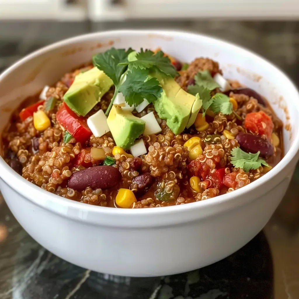 ['Close-up view of One Pot Quinoa Chili with Meat, showcasing its rich colors and textures.', 'Side view of a steaming bowl of One Pot Quinoa Chili with Meat, garnished with avocado and cilantro.', 'A delicious serving of quinoa chili with ground beef, beans, and corn, captured in bright lighting.', 'Detailed shot of One Pot Quinoa Chili with Meat, featuring fresh ingredients and vibrant toppings.']