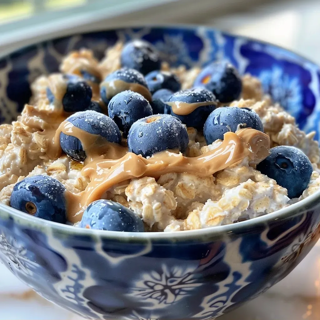 ['Close-up view of overnight oats topped with blueberries and a drizzle of honey.', 'Side angle of a bowl filled with overnight oats, featuring blueberries and peanut butter.', 'Juicy overnight oats garnished with frozen blueberries and honey in a glass jar.', 'Detailed shot of creamy overnight oats with a sprinkle of cinnamon and blueberries.']
