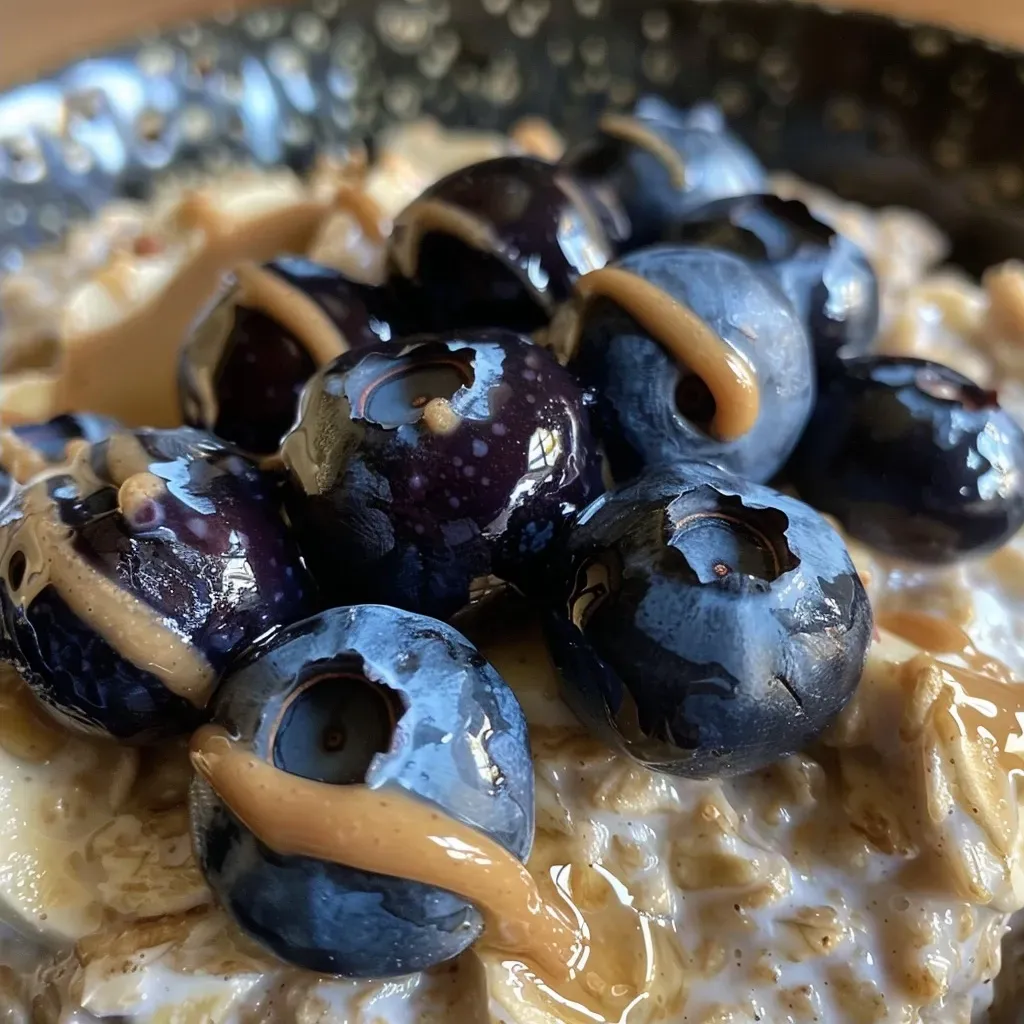 ['Close-up view of overnight oats topped with blueberries and a drizzle of honey.', 'Side angle of a bowl filled with overnight oats, featuring blueberries and peanut butter.', 'Juicy overnight oats garnished with frozen blueberries and honey in a glass jar.', 'Detailed shot of creamy overnight oats with a sprinkle of cinnamon and blueberries.']