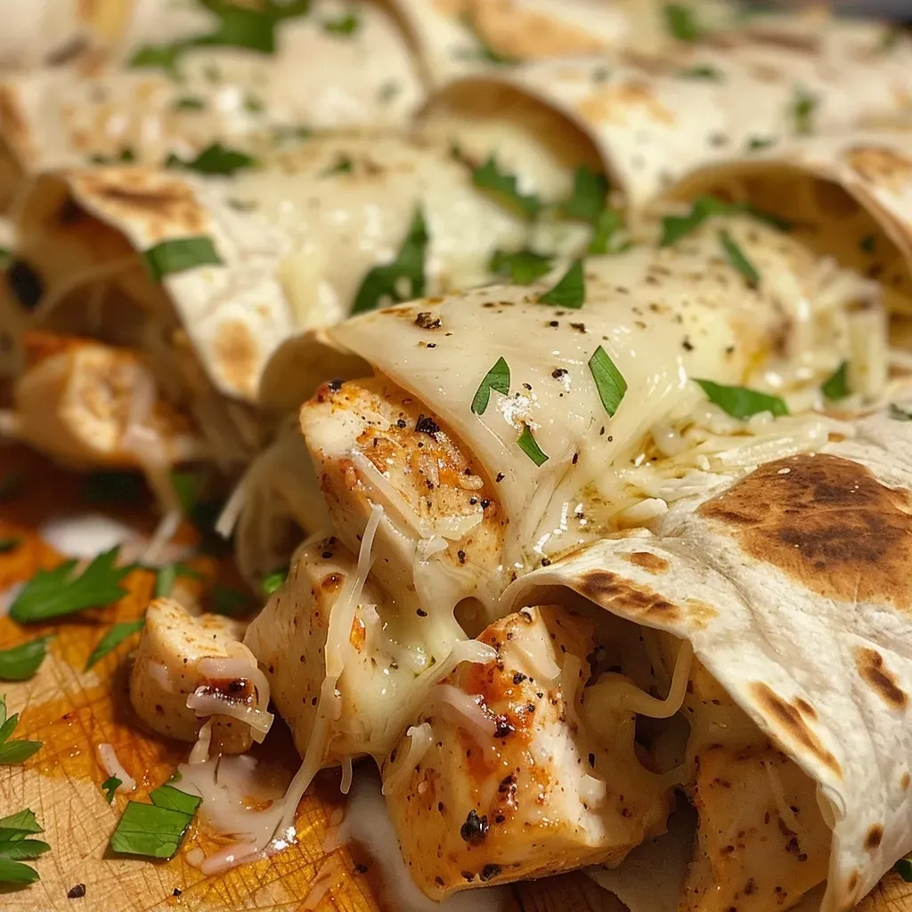 ['Close-up of a flavorful Parmesan Garlic Chicken Burrito, showcasing the juicy filling and a sprinkle of parsley on top.', 'Side view of a chicken burrito filled with creamy Parmesan garlic sauce, garnished with fresh herbs.', 'Detailed shot of a burrito showing tender chicken, melted cheese, and a rich creamy sauce inside a warm tortilla.', 'Appetizing photograph of a colorful burrito filled with chicken and garlic sauce, with visible ingredients peeking out.']