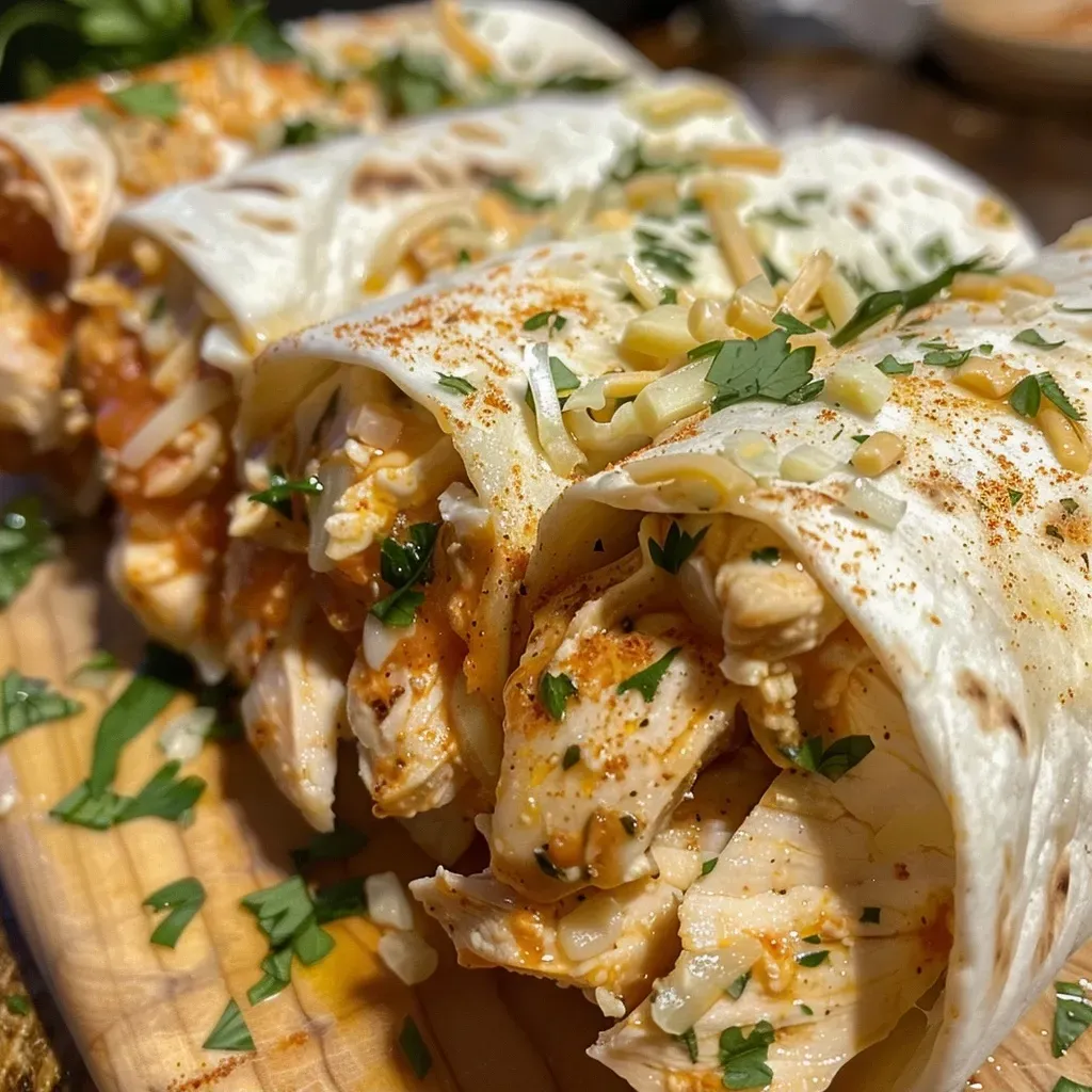 ['Close-up of a flavorful Parmesan Garlic Chicken Burrito, showcasing the juicy filling and a sprinkle of parsley on top.', 'Side view of a chicken burrito filled with creamy Parmesan garlic sauce, garnished with fresh herbs.', 'Detailed shot of a burrito showing tender chicken, melted cheese, and a rich creamy sauce inside a warm tortilla.', 'Appetizing photograph of a colorful burrito filled with chicken and garlic sauce, with visible ingredients peeking out.']