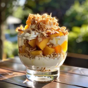 ['Close-up of a peach and mango parfait layered in a glass, showcasing vibrant colors.', 'Side view of a peach and mango parfait with slices of peach and mango purée visible.', 'Juicy peach and mango parfait topped with sliced almonds, captured from the side.', 'Close-up of a colorful parfait featuring peaches, mango purée, and yogurt.']