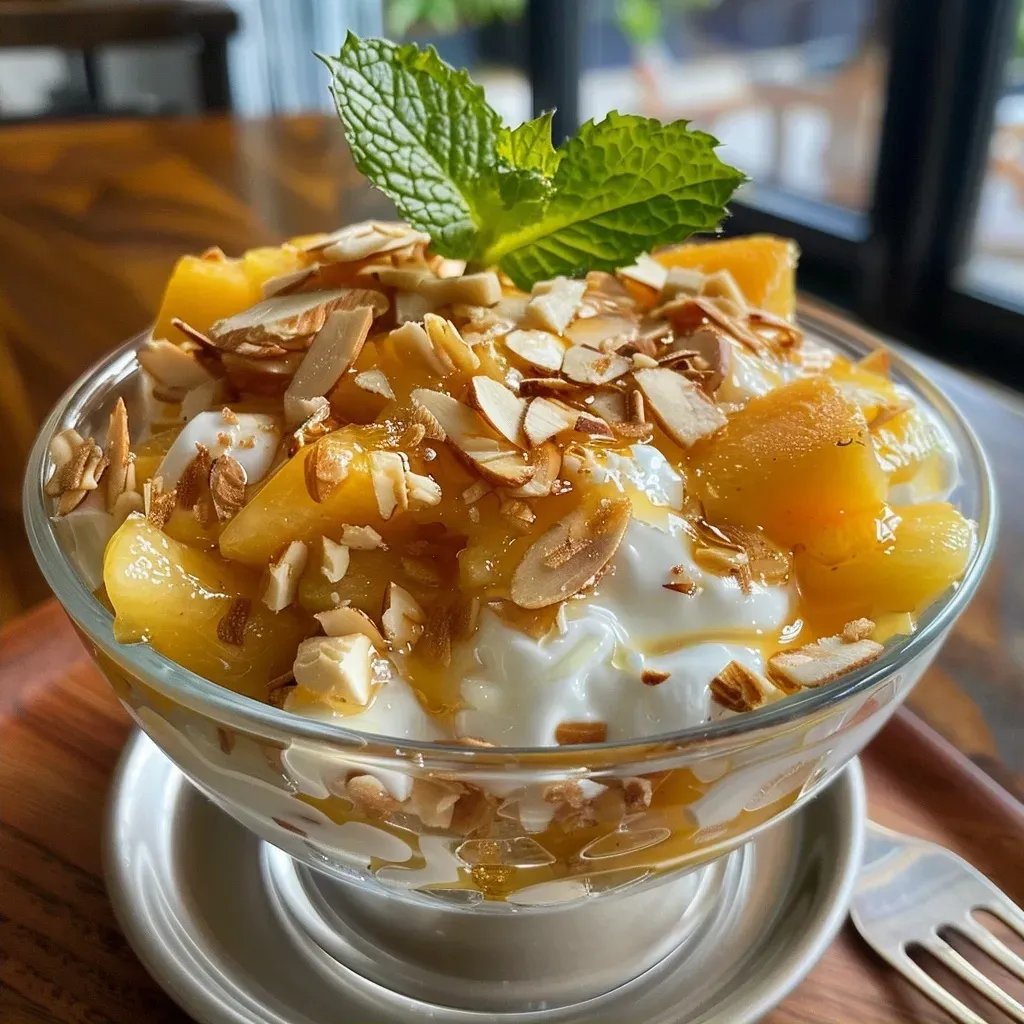 ['Close-up of a peach and mango parfait layered in a glass, showcasing vibrant colors.', 'Side view of a peach and mango parfait with slices of peach and mango purée visible.', 'Juicy peach and mango parfait topped with sliced almonds, captured from the side.', 'Close-up of a colorful parfait featuring peaches, mango purée, and yogurt.']