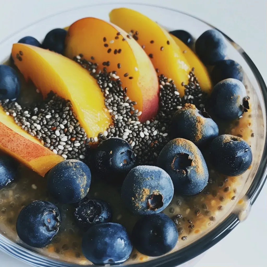 ['Close-up of a creamy peach blueberry chia pudding in a glass jar, garnished with fresh berries.', 'Side view of a colorful chia pudding with layers of peach and blueberry, served in a clear dish.', 'A delicious serving of peach blueberry protein chia pudding with chia seeds visible, captured in natural light.', 'Bright and vibrant chia pudding featuring peach slices and blueberries, presented in an elegant bowl.']