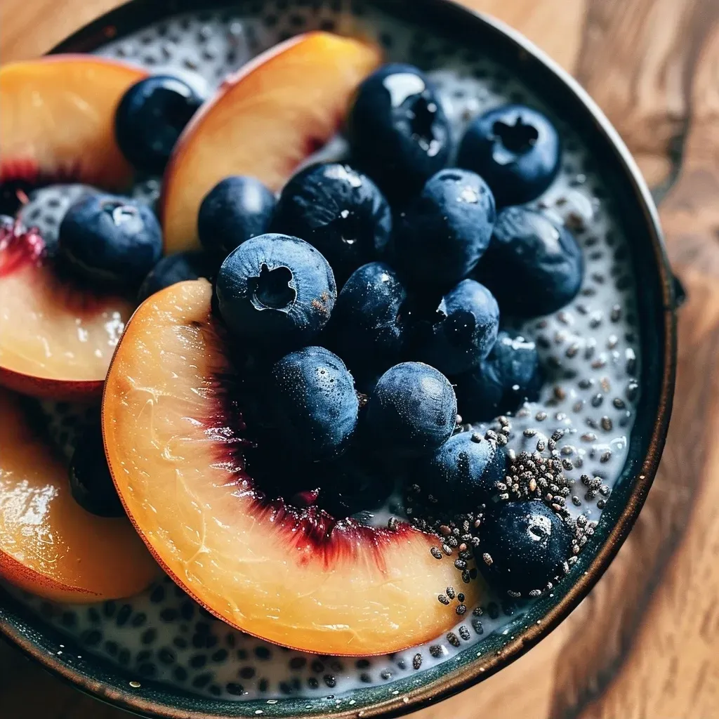 ['Close-up of a creamy peach blueberry chia pudding in a glass jar, garnished with fresh berries.', 'Side view of a colorful chia pudding with layers of peach and blueberry, served in a clear dish.', 'A delicious serving of peach blueberry protein chia pudding with chia seeds visible, captured in natural light.', 'Bright and vibrant chia pudding featuring peach slices and blueberries, presented in an elegant bowl.']