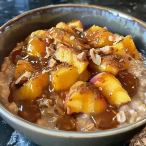 ['Close-up view of Peach Cobbler Overnight Oats in a glass jar topped with diced peaches and nuts.', 'Side view of a serving of Peach Cobbler Overnight Oats with a creamy texture and cinnamon dusting.', 'Detailed image of Peach Cobbler Overnight Oats showcasing layers of oats, yogurt, and fresh peach slices.', 'Freshly prepared Peach Cobbler Overnight Oats with vibrant peach chunks and a sprinkle of cinnamon.']