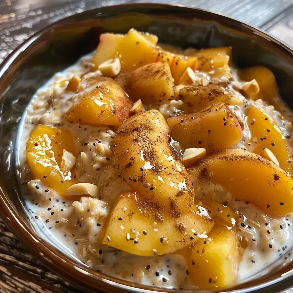 ['Close-up view of Peach Cobbler Overnight Oats in a glass jar topped with diced peaches and nuts.', 'Side view of a serving of Peach Cobbler Overnight Oats with a creamy texture and cinnamon dusting.', 'Detailed image of Peach Cobbler Overnight Oats showcasing layers of oats, yogurt, and fresh peach slices.', 'Freshly prepared Peach Cobbler Overnight Oats with vibrant peach chunks and a sprinkle of cinnamon.']