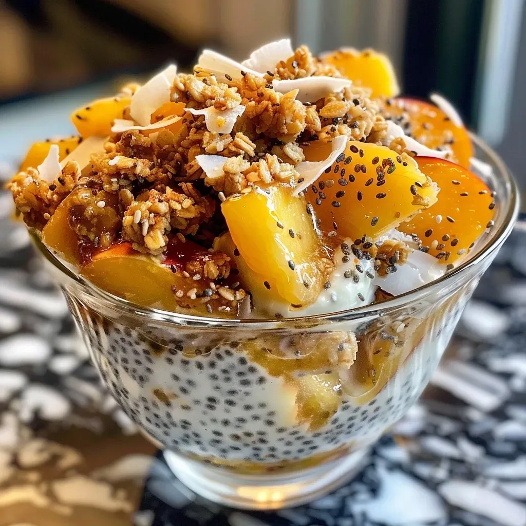 ['Close-up view of a peach coconut chia parfait layered with granola and peaches.', 'Side view of a delicious chia seed parfait featuring fresh peaches and coconut.', 'Juicy peach coconut chia breakfast parfait in a glass with granola on top.', 'Colorful chia parfait showcasing peaches, coconut, and a drizzle of honey.']