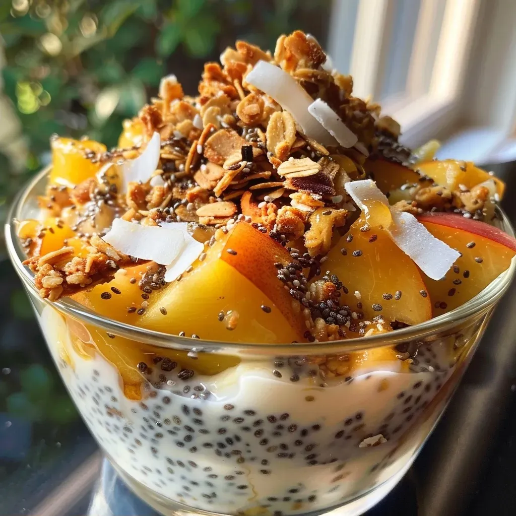 ['Close-up view of a peach coconut chia parfait layered with granola and peaches.', 'Side view of a delicious chia seed parfait featuring fresh peaches and coconut.', 'Juicy peach coconut chia breakfast parfait in a glass with granola on top.', 'Colorful chia parfait showcasing peaches, coconut, and a drizzle of honey.']