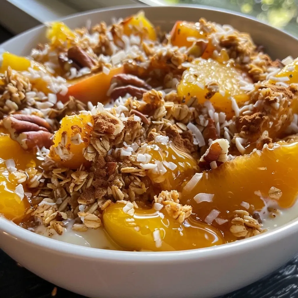 ['A close-up side view of a yogurt bowl topped with juicy peach slices and crispy oat topping.', 'A creamy yogurt bowl filled with fresh peach, oats, and nuts, captured from a side angle.', 'A vibrant bowl of peach yogurt with a crunchy topping, showing texture and color details.', 'A side view of a delicious peach crisp yogurt bowl, highlighting the layers of ingredients within.']