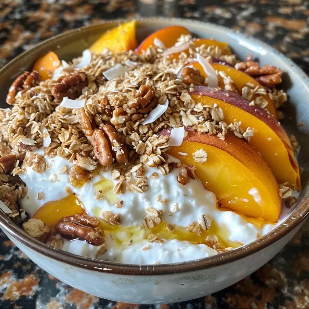['A close-up side view of a yogurt bowl topped with juicy peach slices and crispy oat topping.', 'A creamy yogurt bowl filled with fresh peach, oats, and nuts, captured from a side angle.', 'A vibrant bowl of peach yogurt with a crunchy topping, showing texture and color details.', 'A side view of a delicious peach crisp yogurt bowl, highlighting the layers of ingredients within.']
