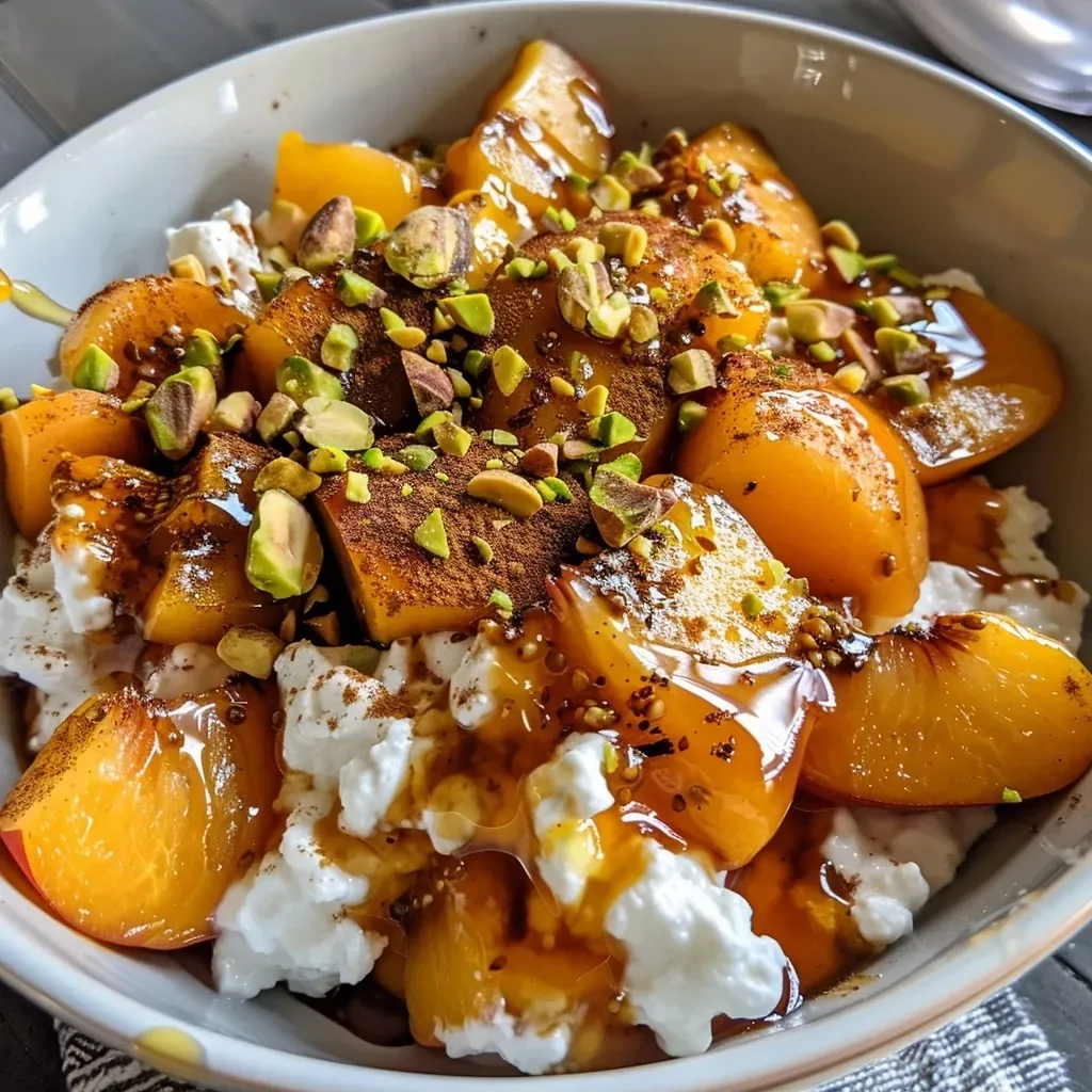 ['Close-up view of Peach Pie Cottage Cheese Bowls with peaches and pistachios.', 'Side perspective of a bowl featuring cottage cheese, diced peaches, and a sprinkle of cinnamon.', 'Detailed image of Peach Pie Cottage Cheese Bowls topped with honey and chopped nuts.', 'Juicy peach pieces and cottage cheese in a bowl, garnished with pistachios.']