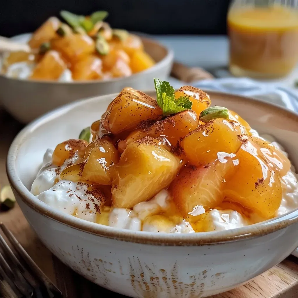 ['Close-up view of Peach Pie Cottage Cheese Bowls with peaches and pistachios.', 'Side perspective of a bowl featuring cottage cheese, diced peaches, and a sprinkle of cinnamon.', 'Detailed image of Peach Pie Cottage Cheese Bowls topped with honey and chopped nuts.', 'Juicy peach pieces and cottage cheese in a bowl, garnished with pistachios.']