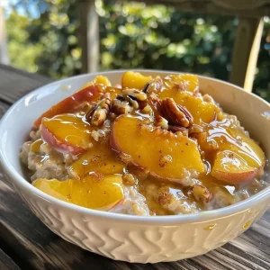 ['Close-up view of a bowl of Peaches and Cream Oatmeal topped with diced peaches and pecans.', 'Side angle of creamy oatmeal with fresh peach slices and a drizzle of maple syrup.', 'Textured oatmeal in a bowl, showcasing peach chunks and a creamy topping.', 'Delicious oatmeal made with peaches, showcasing its creamy consistency and toppings.']