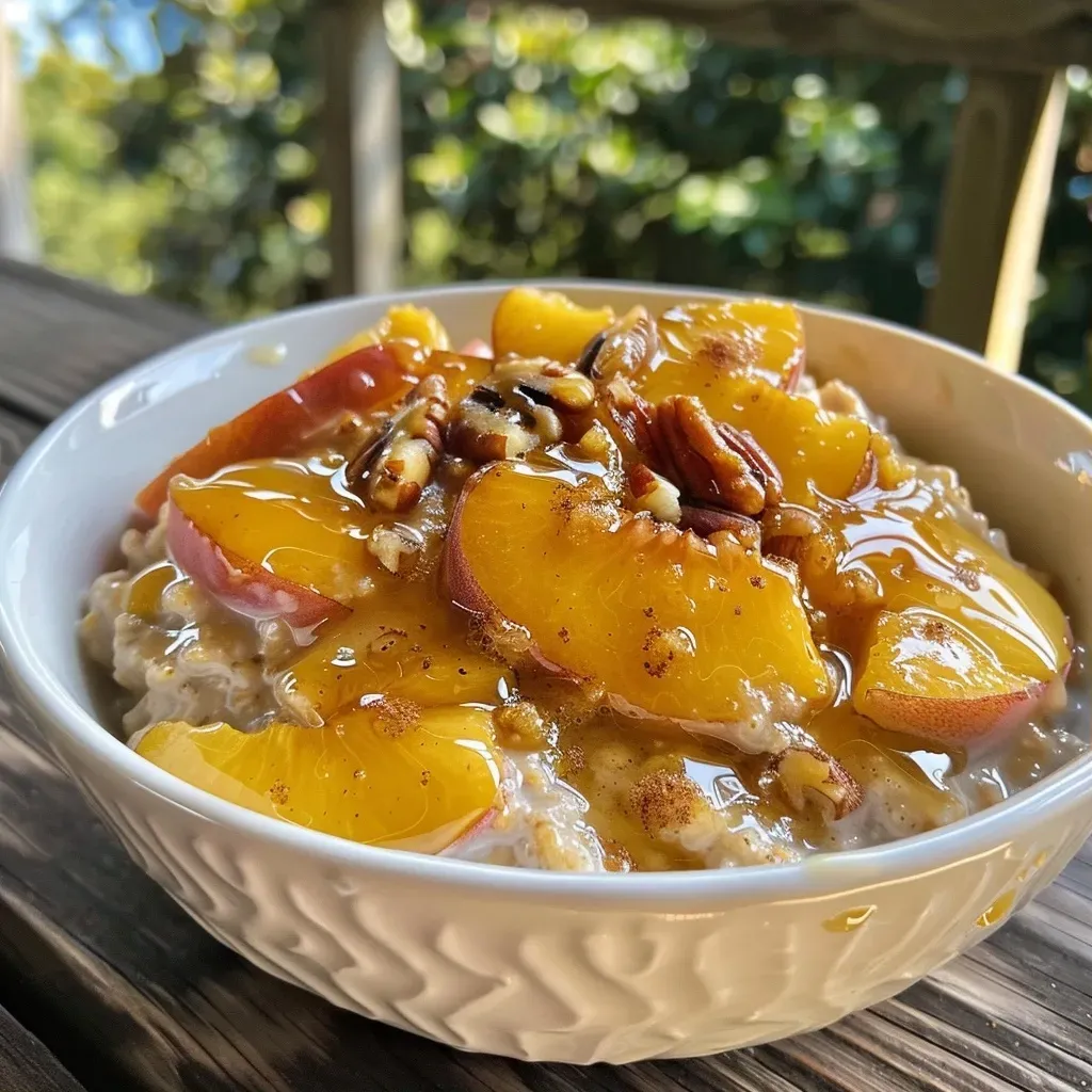 ['Close-up view of a bowl of Peaches and Cream Oatmeal topped with diced peaches and pecans.', 'Side angle of creamy oatmeal with fresh peach slices and a drizzle of maple syrup.', 'Textured oatmeal in a bowl, showcasing peach chunks and a creamy topping.', 'Delicious oatmeal made with peaches, showcasing its creamy consistency and toppings.']