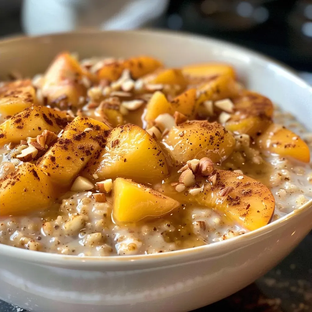 ['Close-up view of a bowl of Peaches and Cream Oatmeal topped with diced peaches and pecans.', 'Side angle of creamy oatmeal with fresh peach slices and a drizzle of maple syrup.', 'Textured oatmeal in a bowl, showcasing peach chunks and a creamy topping.', 'Delicious oatmeal made with peaches, showcasing its creamy consistency and toppings.']
