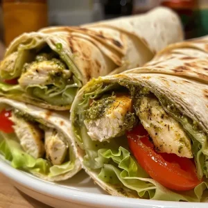 ['Close-up of a juicy pesto chicken wrap filled with shredded lettuce and sliced tomatoes.', 'Side view of a colorful pesto chicken wrap showcasing its fresh ingredients.', 'Delicious pesto chicken wrap with chopped chicken and vibrant vegetables.', 'Tasty pesto chicken wrap displayed with a focus on its fresh filling.']