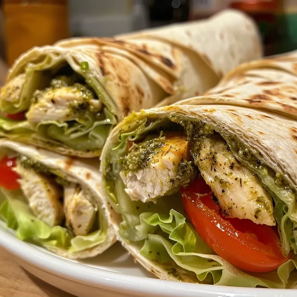 ['Close-up of a juicy pesto chicken wrap filled with shredded lettuce and sliced tomatoes.', 'Side view of a colorful pesto chicken wrap showcasing its fresh ingredients.', 'Delicious pesto chicken wrap with chopped chicken and vibrant vegetables.', 'Tasty pesto chicken wrap displayed with a focus on its fresh filling.']