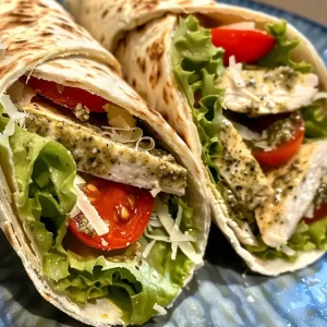 ['Juicy pesto chicken wraps filled with lettuce and tomatoes.', 'Close-up of a delicious chicken wrap, showcasing fresh ingredients.', 'Vibrant pesto chicken wrap with colorful vegetables and creamy dressing.', 'Side view of a wrapped chicken dish, highlighting the pesto sauce and toppings.']
