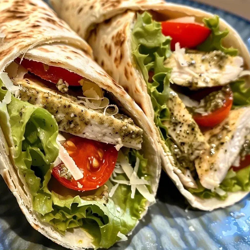 ['Juicy pesto chicken wraps filled with lettuce and tomatoes.', 'Close-up of a delicious chicken wrap, showcasing fresh ingredients.', 'Vibrant pesto chicken wrap with colorful vegetables and creamy dressing.', 'Side view of a wrapped chicken dish, highlighting the pesto sauce and toppings.']