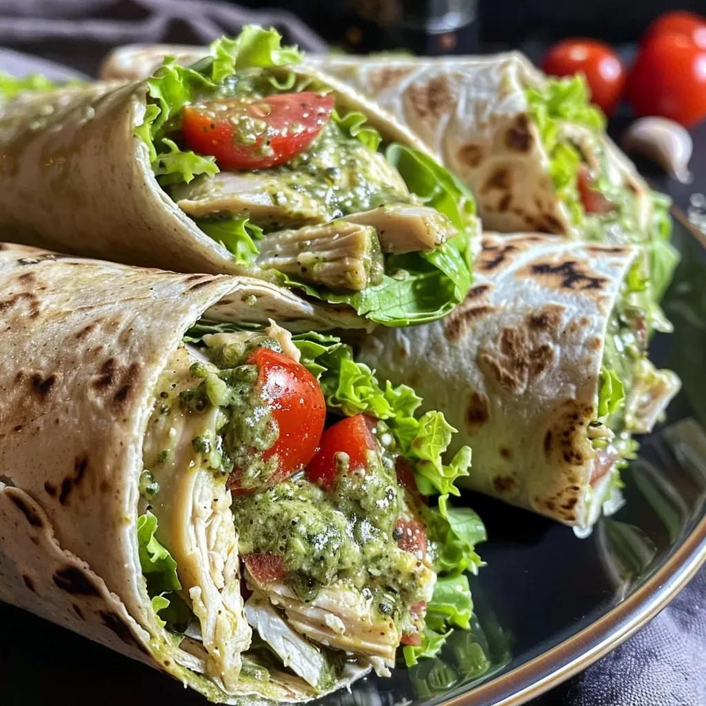 ['Close-up of a juicy pesto chicken wrap filled with shredded lettuce and sliced tomatoes.', 'Side view of a colorful pesto chicken wrap showcasing its fresh ingredients.', 'Delicious pesto chicken wrap with chopped chicken and vibrant vegetables.', 'Tasty pesto chicken wrap displayed with a focus on its fresh filling.']