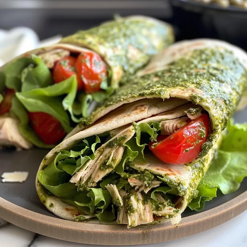 ['Juicy pesto chicken wraps filled with lettuce and tomatoes.', 'Close-up of a delicious chicken wrap, showcasing fresh ingredients.', 'Vibrant pesto chicken wrap with colorful vegetables and creamy dressing.', 'Side view of a wrapped chicken dish, highlighting the pesto sauce and toppings.']