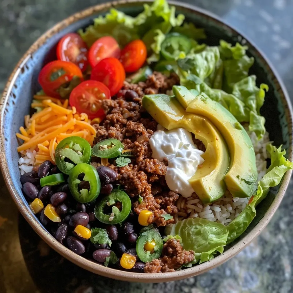 ['A close-up side view of a taco bowl with ground beef, rice, lettuce, and toppings.', 'A vibrant taco bowl featuring ground beef, beans, vegetables, and avocado slices.', 'A delicious taco bowl filled with rice, shredded cheese, and fresh toppings served in a bowl.', 'An appetizing taco bowl displaying ground beef, lettuce, tomatoes, and sour cream.']