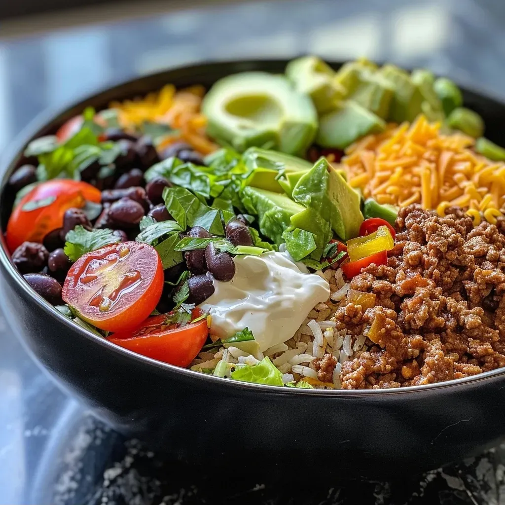 ['A close-up side view of a taco bowl with ground beef, rice, lettuce, and toppings.', 'A vibrant taco bowl featuring ground beef, beans, vegetables, and avocado slices.', 'A delicious taco bowl filled with rice, shredded cheese, and fresh toppings served in a bowl.', 'An appetizing taco bowl displaying ground beef, lettuce, tomatoes, and sour cream.']