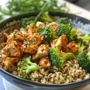 ['Close-up view of a Quick Chicken and Quinoa Bowl with chicken, quinoa, and broccoli.', 'Colorful Quick Chicken and Quinoa Bowl featuring chicken, broccoli, and lemon.', 'Juicy Quick Chicken and Quinoa Bowl displayed in a vibrant arrangement.', 'Side view of a nourishing Quick Chicken and Quinoa Bowl with fresh ingredients.']