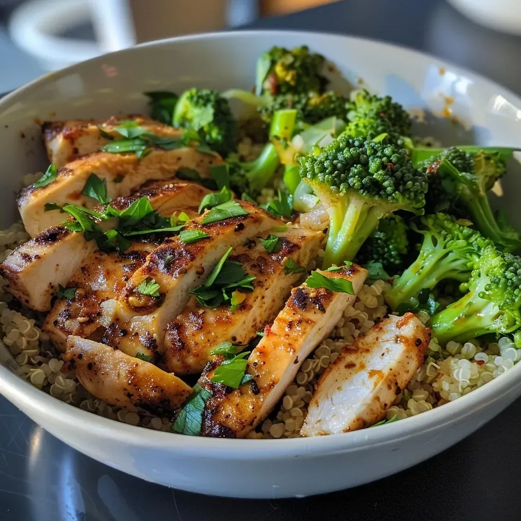['Close-up view of a Quick Chicken and Quinoa Bowl with chicken, quinoa, and broccoli.', 'Colorful Quick Chicken and Quinoa Bowl featuring chicken, broccoli, and lemon.', 'Juicy Quick Chicken and Quinoa Bowl displayed in a vibrant arrangement.', 'Side view of a nourishing Quick Chicken and Quinoa Bowl with fresh ingredients.']