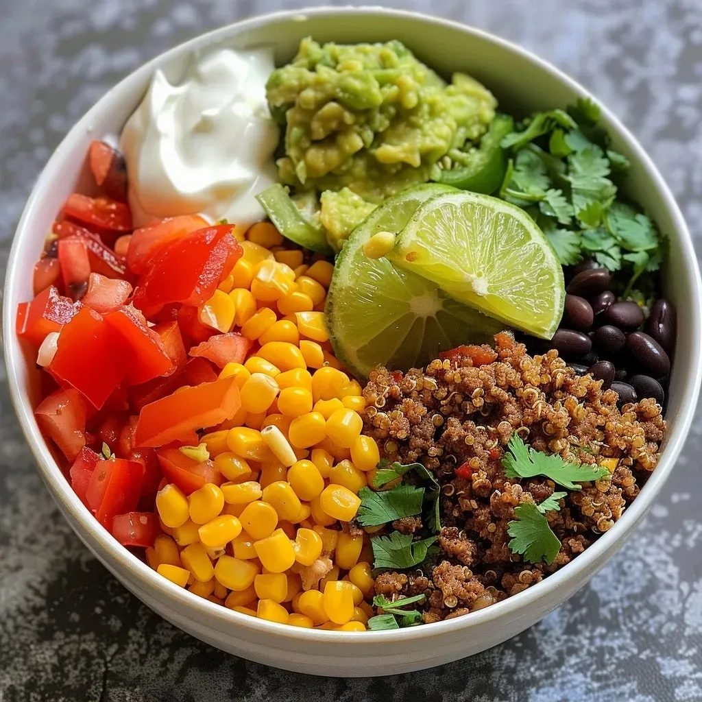 ['A close-up view of a vibrant Quinoa Taco Bowl filled with colorful ingredients.', 'A side view of a Quinoa Taco Bowl showcasing quinoa, beans, and fresh vegetables.', 'A detailed image of a Quinoa Taco Bowl, highlighting the layers of toppings and textures.', 'An appetizing close-up of a Quinoa Taco Bowl with toppings like cheese and guacamole.']