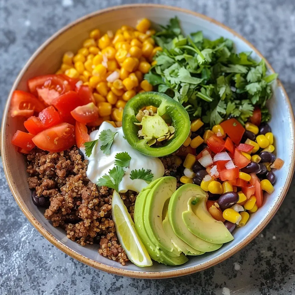 ['A close-up view of a vibrant Quinoa Taco Bowl filled with colorful ingredients.', 'A side view of a Quinoa Taco Bowl showcasing quinoa, beans, and fresh vegetables.', 'A detailed image of a Quinoa Taco Bowl, highlighting the layers of toppings and textures.', 'An appetizing close-up of a Quinoa Taco Bowl with toppings like cheese and guacamole.']