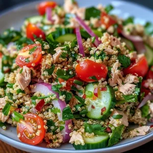 Close-up view of a vibrant quinoa tuna salad in a bowl, showcasing fresh ingredients.