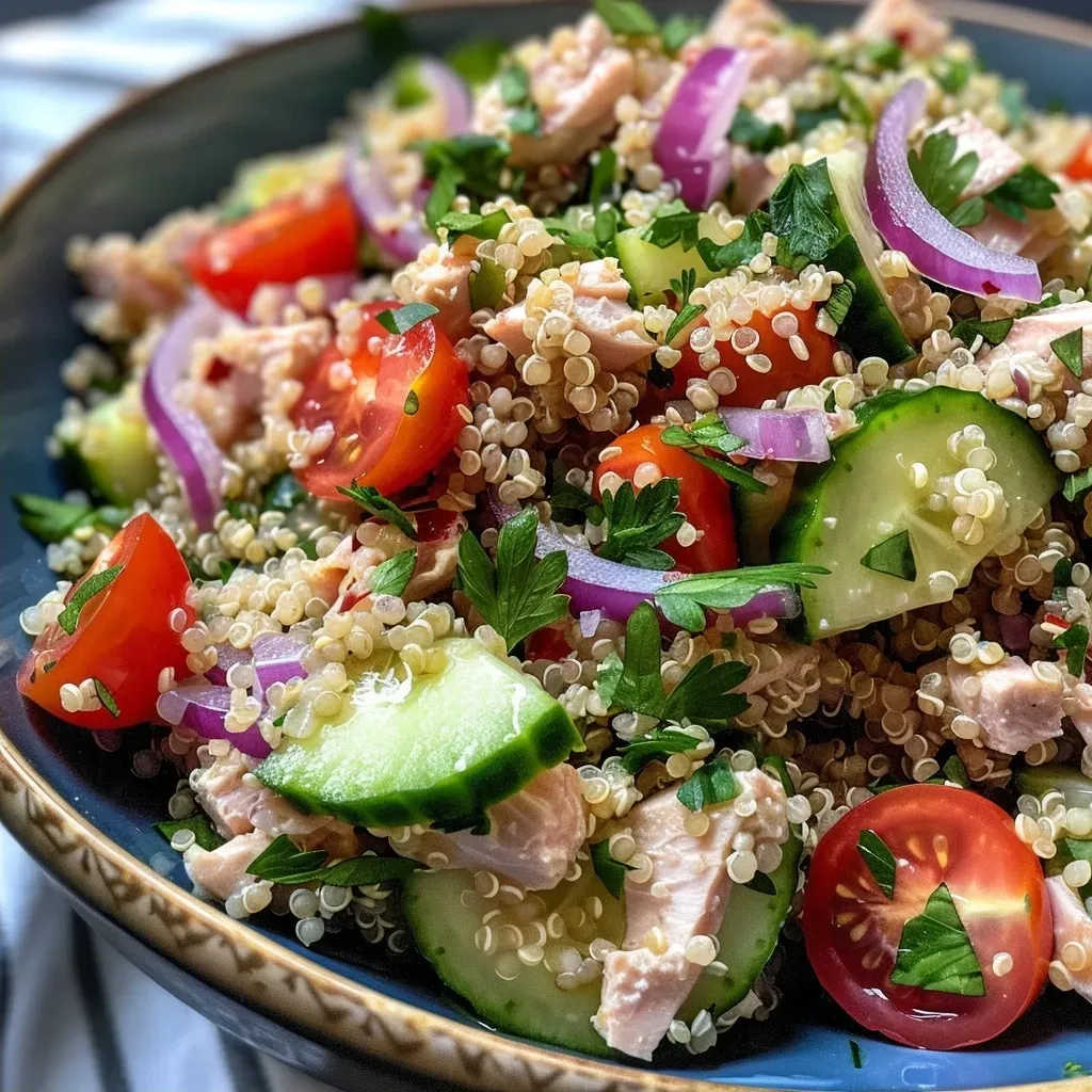 Close-up view of a vibrant quinoa tuna salad in a bowl, showcasing fresh ingredients.