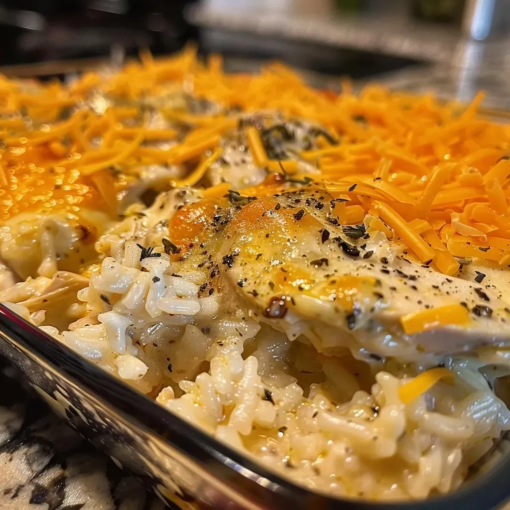 ['Close-up view of juicy Ranch Chicken and Rice on a plate.', 'Side view of a colorful dish featuring chicken, rice, and vegetables.', 'Appetizing close-up of chicken breasts served with rice and peas.', 'Freshly cooked Ranch Chicken and Rice, highlighting creamy texture and vibrant colors.']
