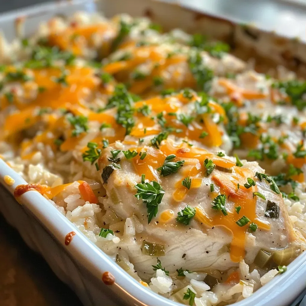['A close-up side view of a cheesy Ranch Chicken & Rice Bake, showcasing juicy chicken and vibrant vegetables.', 'Juicy Ranch Chicken & Rice Bake with golden cheese melted on top and colorful mixed vegetables visible.', 'Side view of a creamy Ranch Chicken & Rice Bake, displaying tender chicken, rice, and a rich creamy sauce.', 'Close-up shot of a casserole filled with Ranch Chicken, rice, and cheddar cheese, highlighting its delicious layers.']