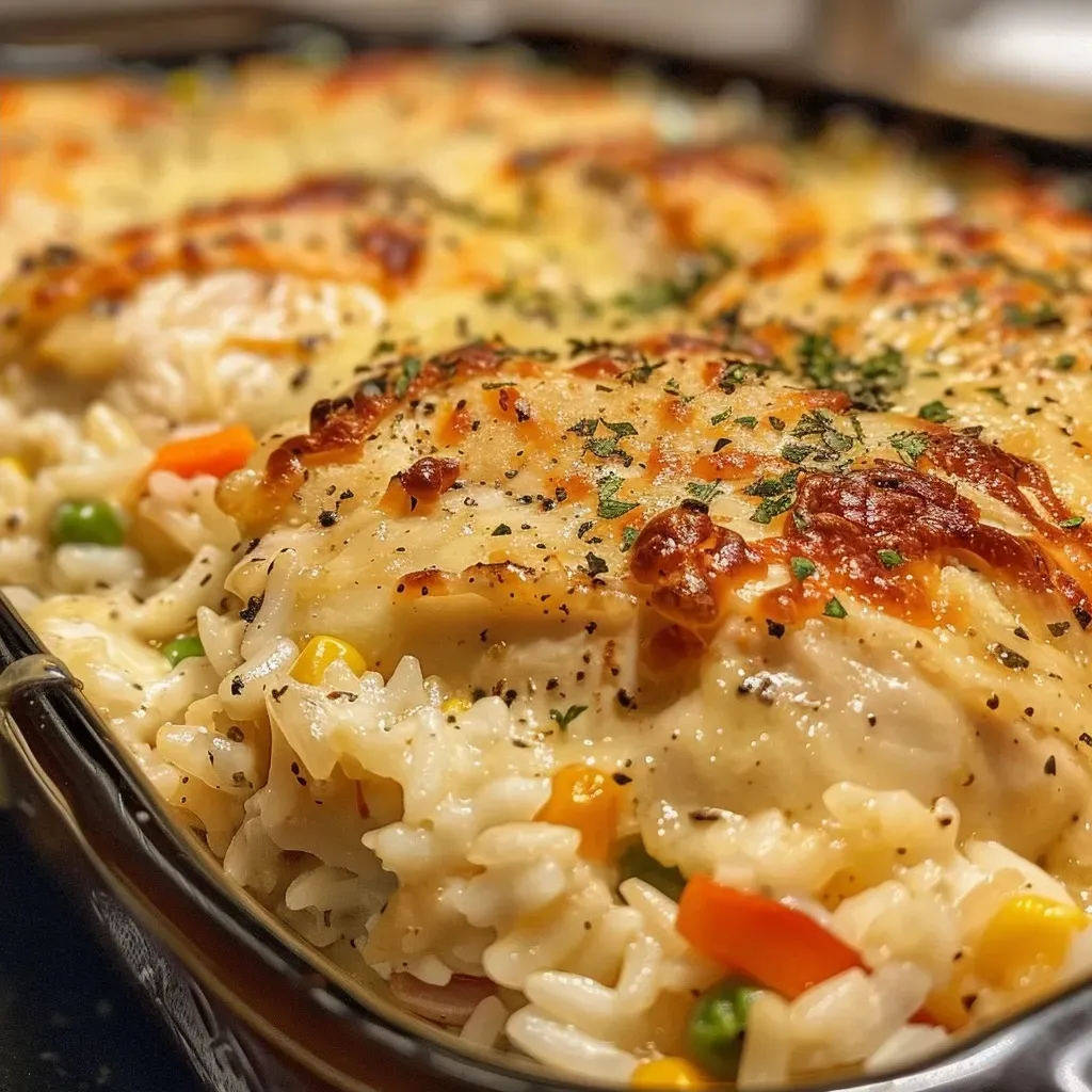 ['A close-up side view of a cheesy Ranch Chicken & Rice Bake, showcasing juicy chicken and vibrant vegetables.', 'Juicy Ranch Chicken & Rice Bake with golden cheese melted on top and colorful mixed vegetables visible.', 'Side view of a creamy Ranch Chicken & Rice Bake, displaying tender chicken, rice, and a rich creamy sauce.', 'Close-up shot of a casserole filled with Ranch Chicken, rice, and cheddar cheese, highlighting its delicious layers.']