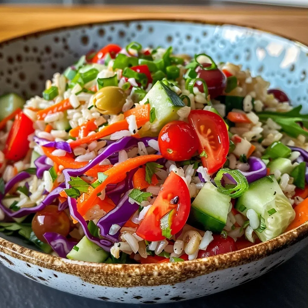 ['Close-up view of a colorful rice salad with chopped vegetables and creamy dressing.', 'Side view of a bowl filled with brown rice salad topped with fresh veggies and a drizzle of sauce.', 'Juicy rice salad featuring diced cucumbers, grated carrots, and cherry tomatoes, served in a bowl.', 'Vibrant rice salad showing a mix of vegetables like bell peppers, purple cabbage, and arugula.']