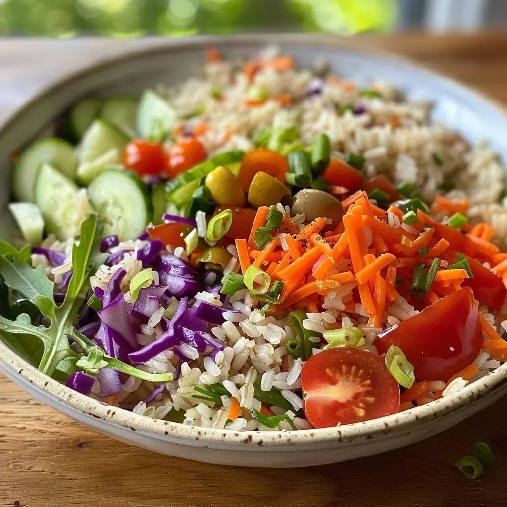 ['Close-up view of a colorful rice salad with chopped vegetables and creamy dressing.', 'Side view of a bowl filled with brown rice salad topped with fresh veggies and a drizzle of sauce.', 'Juicy rice salad featuring diced cucumbers, grated carrots, and cherry tomatoes, served in a bowl.', 'Vibrant rice salad showing a mix of vegetables like bell peppers, purple cabbage, and arugula.']