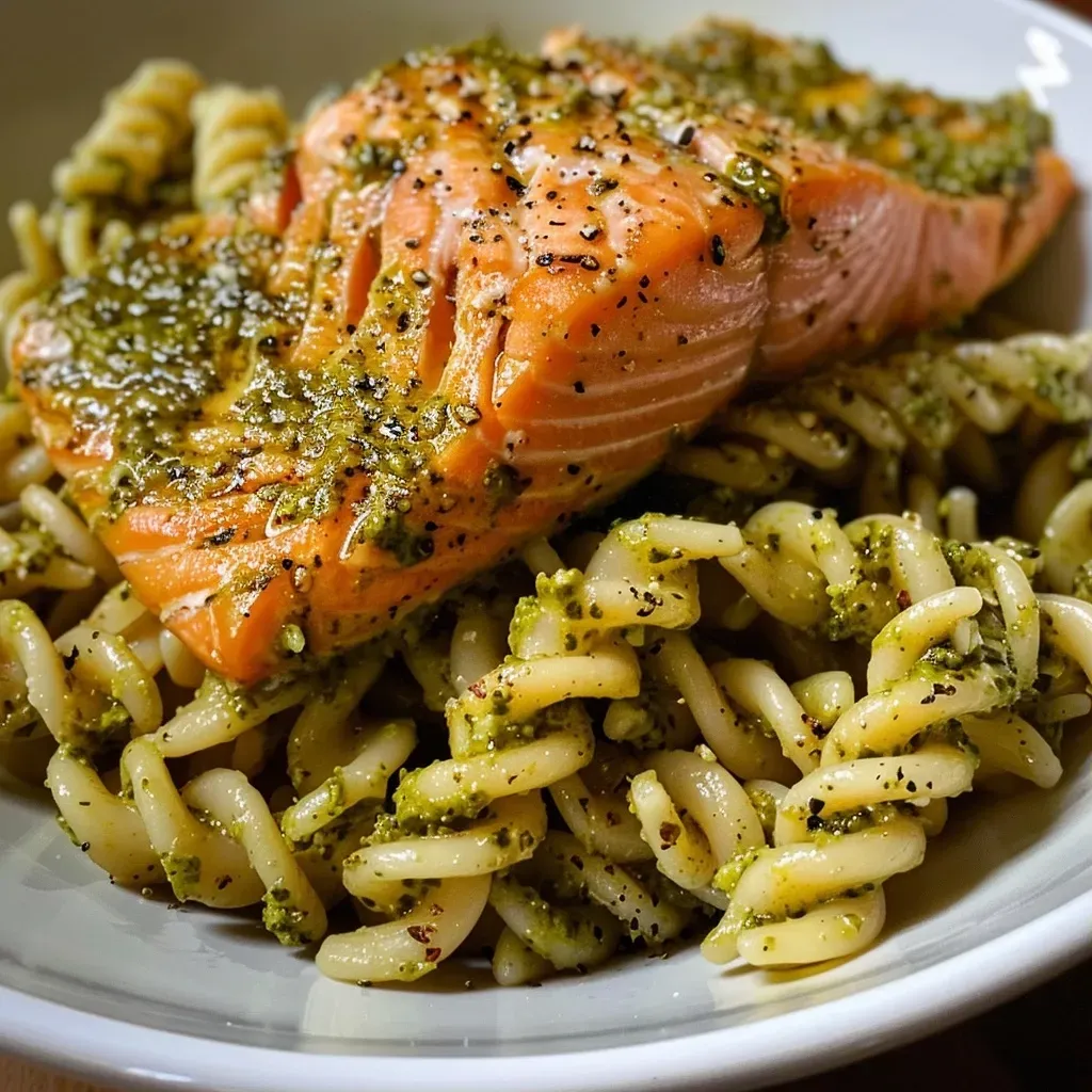 ['A close-up view of a delicious salmon pesto pasta dish garnished with grated Parmesan cheese.', 'Side view of salmon pasta with vibrant green pesto sauce, large salmon filets, and sprinkled cheese.', 'Juicy salmon filet resting on a bed of pasta coated in flavorful pesto, displayed in a close-up shot.', 'A tantalizing plate of salmon pesto pasta featuring fresh ingredients and vibrant colors.']