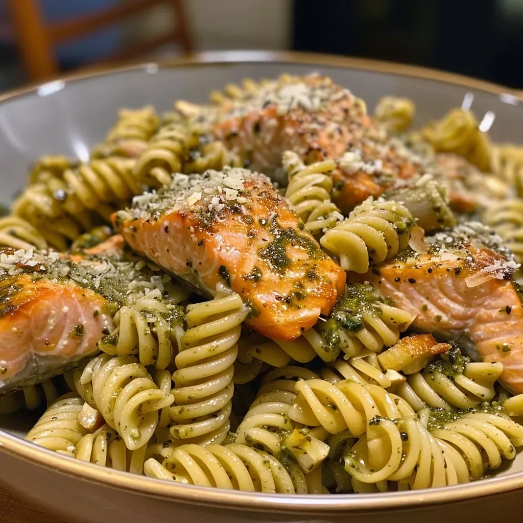 ['A close-up view of a delicious salmon pesto pasta dish garnished with grated Parmesan cheese.', 'Side view of salmon pasta with vibrant green pesto sauce, large salmon filets, and sprinkled cheese.', 'Juicy salmon filet resting on a bed of pasta coated in flavorful pesto, displayed in a close-up shot.', 'A tantalizing plate of salmon pesto pasta featuring fresh ingredients and vibrant colors.']