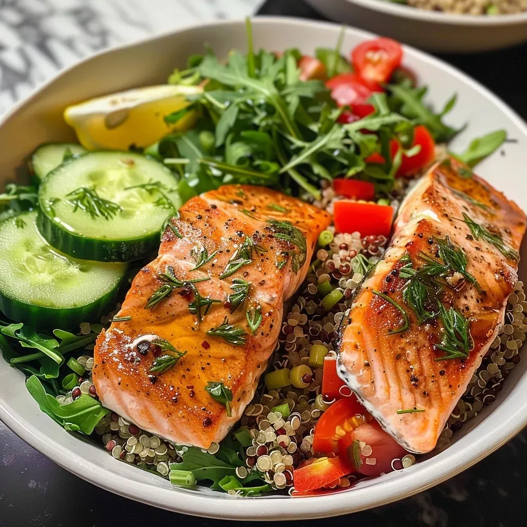 ['Close-up view of a vibrant Salmon Quinoa Bowl featuring colorful ingredients.', 'Side view of a delicious Salmon Quinoa Bowl with fresh greens and salmon chunks.', 'Detailed close-up of a healthy Salmon Quinoa Bowl filled with quinoa, salmon, and vegetables.', 'Appealing Salmon Quinoa Bowl showing layers of salmon, arugula, and quinoa.']