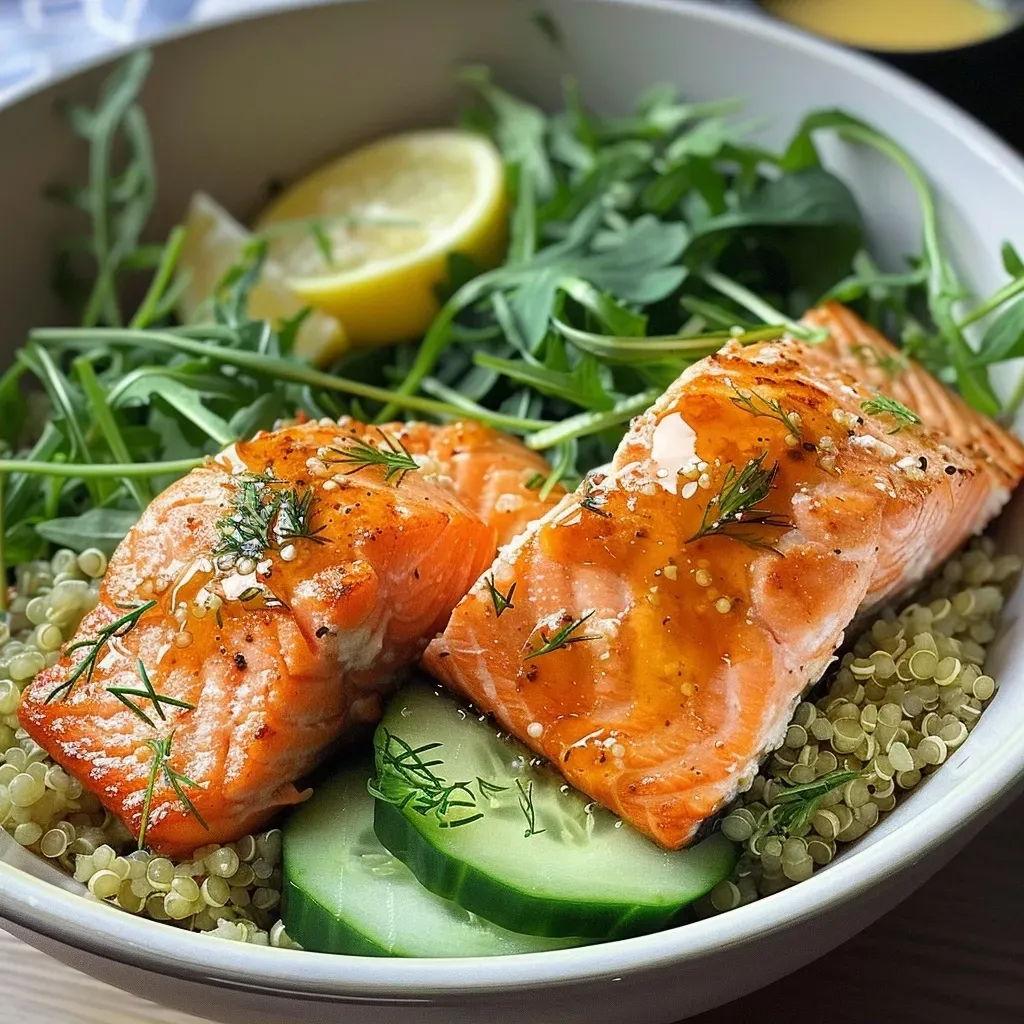 ['Close-up view of a vibrant Salmon Quinoa Bowl featuring colorful ingredients.', 'Side view of a delicious Salmon Quinoa Bowl with fresh greens and salmon chunks.', 'Detailed close-up of a healthy Salmon Quinoa Bowl filled with quinoa, salmon, and vegetables.', 'Appealing Salmon Quinoa Bowl showing layers of salmon, arugula, and quinoa.']