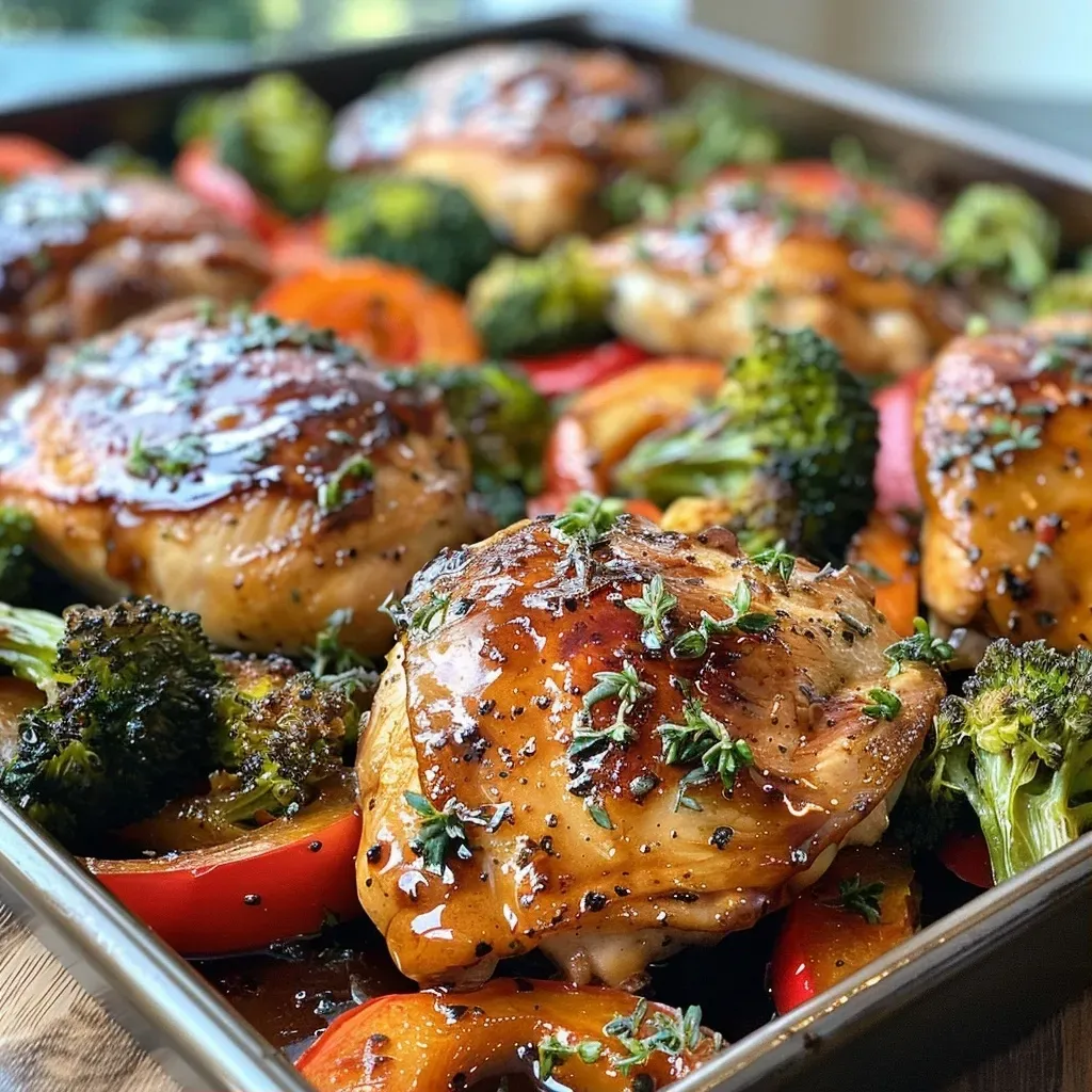 ['Juicy balsamic chicken thighs with vibrant broccoli and red bell pepper on a sheet pan.', 'Close-up of roasted chicken and mixed vegetables glazed with balsamic vinegar.', 'Side view of a platter featuring golden chicken thighs and colorful veggies.', 'A delicious sheet pan meal showcasing succulent chicken and fresh vegetables.']