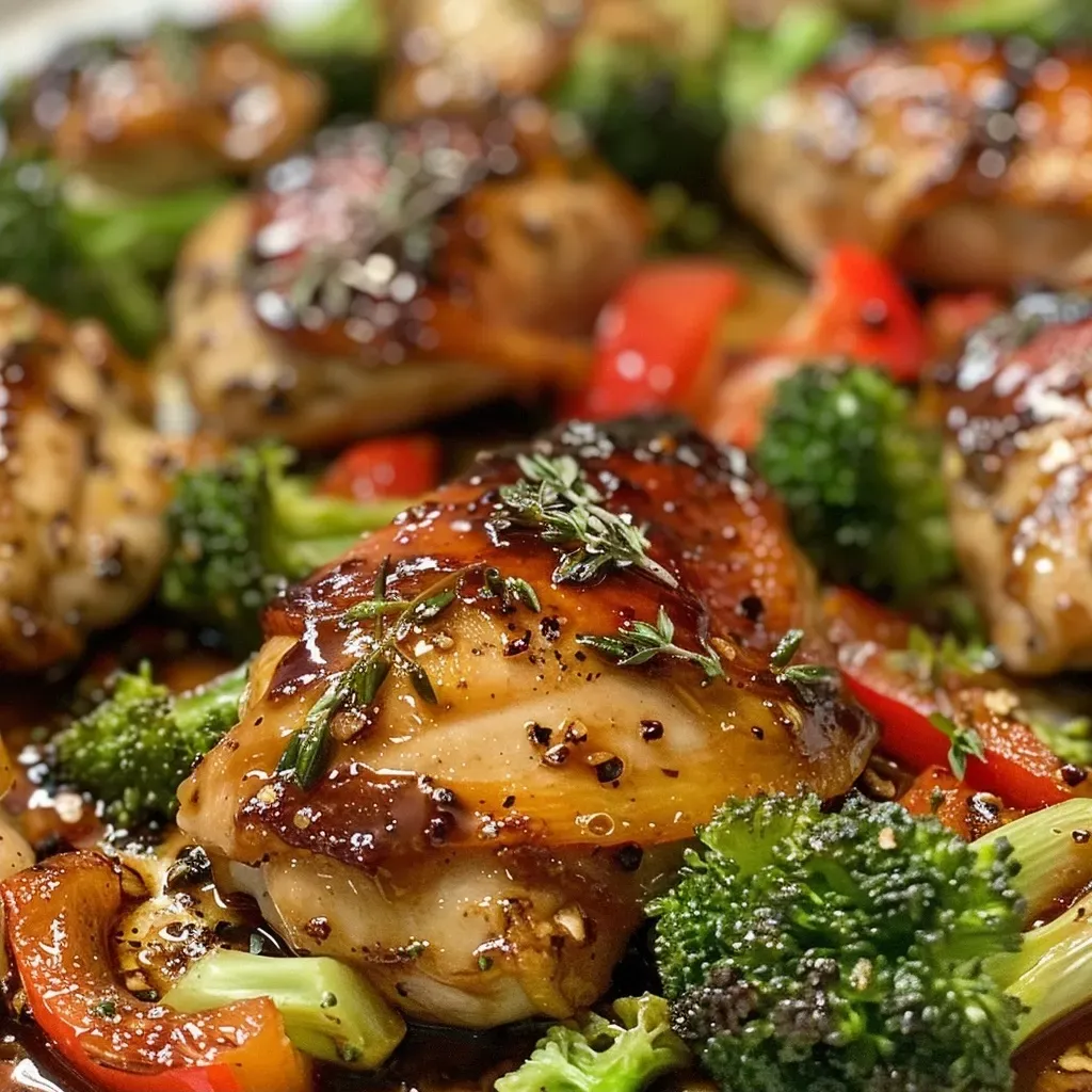 ['Juicy balsamic chicken thighs with vibrant broccoli and red bell pepper on a sheet pan.', 'Close-up of roasted chicken and mixed vegetables glazed with balsamic vinegar.', 'Side view of a platter featuring golden chicken thighs and colorful veggies.', 'A delicious sheet pan meal showcasing succulent chicken and fresh vegetables.']