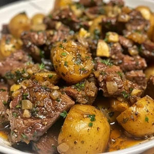 ['Juicy beef bites and halved baby potatoes in a slow cooker, garnished with fresh herbs.', 'Close-up view of tender garlic butter beef sprinkled with herbs alongside golden potatoes.', 'Side view of slow-cooked garlic butter beef cubes and potatoes, steaming and savory.', 'Succulent beef chunks and halved potatoes coated in garlic butter, presented in a bowl.']