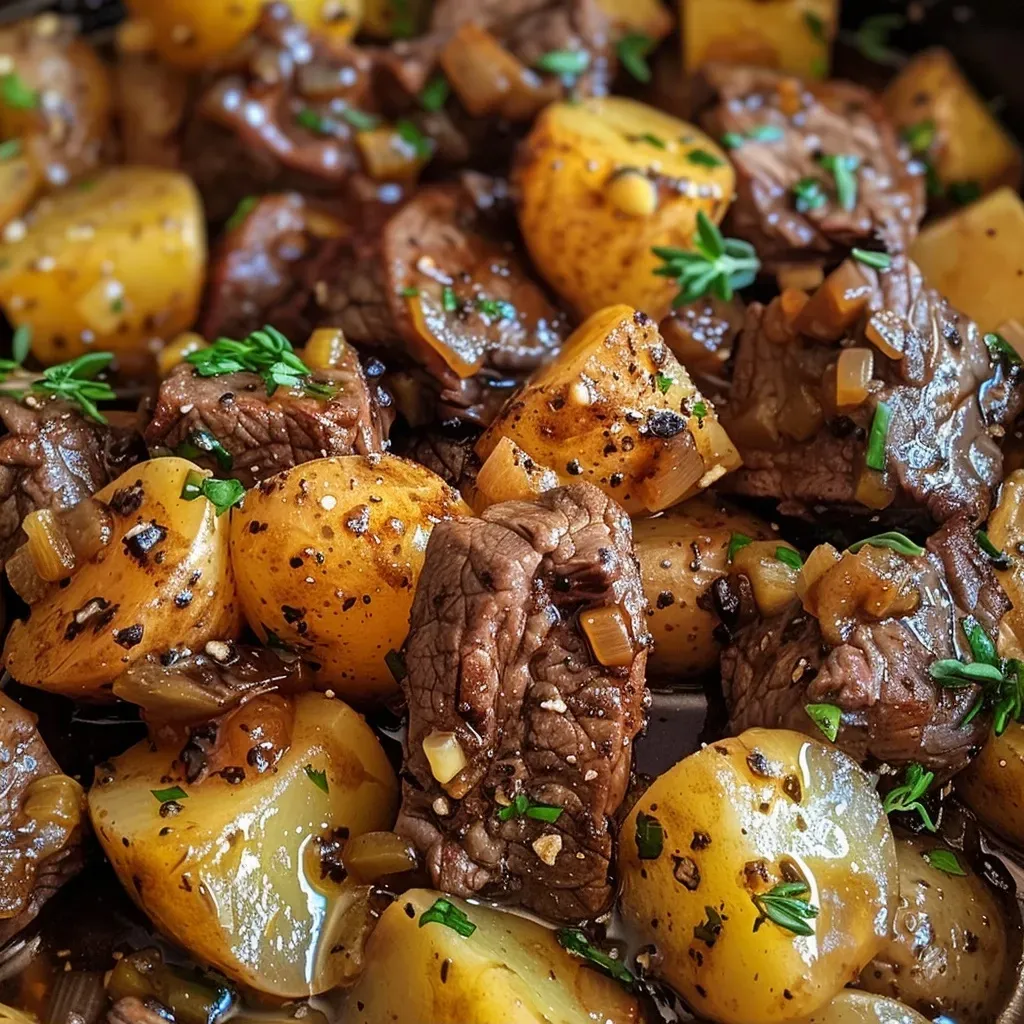 ['Juicy beef bites and halved baby potatoes in a slow cooker, garnished with fresh herbs.', 'Close-up view of tender garlic butter beef sprinkled with herbs alongside golden potatoes.', 'Side view of slow-cooked garlic butter beef cubes and potatoes, steaming and savory.', 'Succulent beef chunks and halved potatoes coated in garlic butter, presented in a bowl.']
