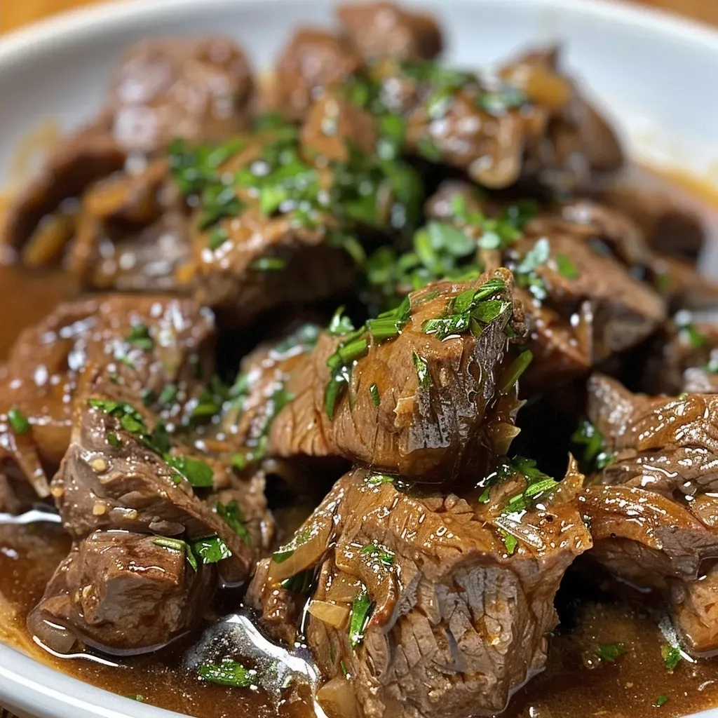 ['Juicy beef tips simmering in garlic butter sauce with visible garlic and herbs.', 'Close-up of tender beef tips in a rich, glossy garlic butter sauce.', 'Side view of Slow Cooker Garlic Butter Beef Tips garnished with fresh parsley.', 'Appetizing beef tips in a savory garlic butter sauce, ready to serve.']