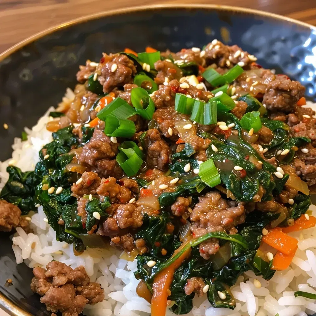 ['Close-up of Slow Cooker Korean Beef Spinach Rice served in a bowl with vibrant colors.', 'Side view of a delicious serving of Korean beef rice topped with spinach and vegetables.', 'Juicy Slow Cooker Korean Beef with spinach and rice, showcasing fresh ingredients in a bowl.', 'Tasty dish of Slow Cooker Korean Beef Spinach Rice, highlighting the beef and greens.']